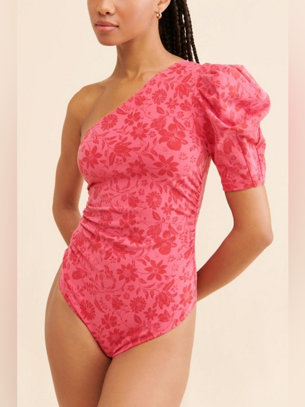 Free People One-Shoulder Floral Body Suit in Vibrant Pink Large